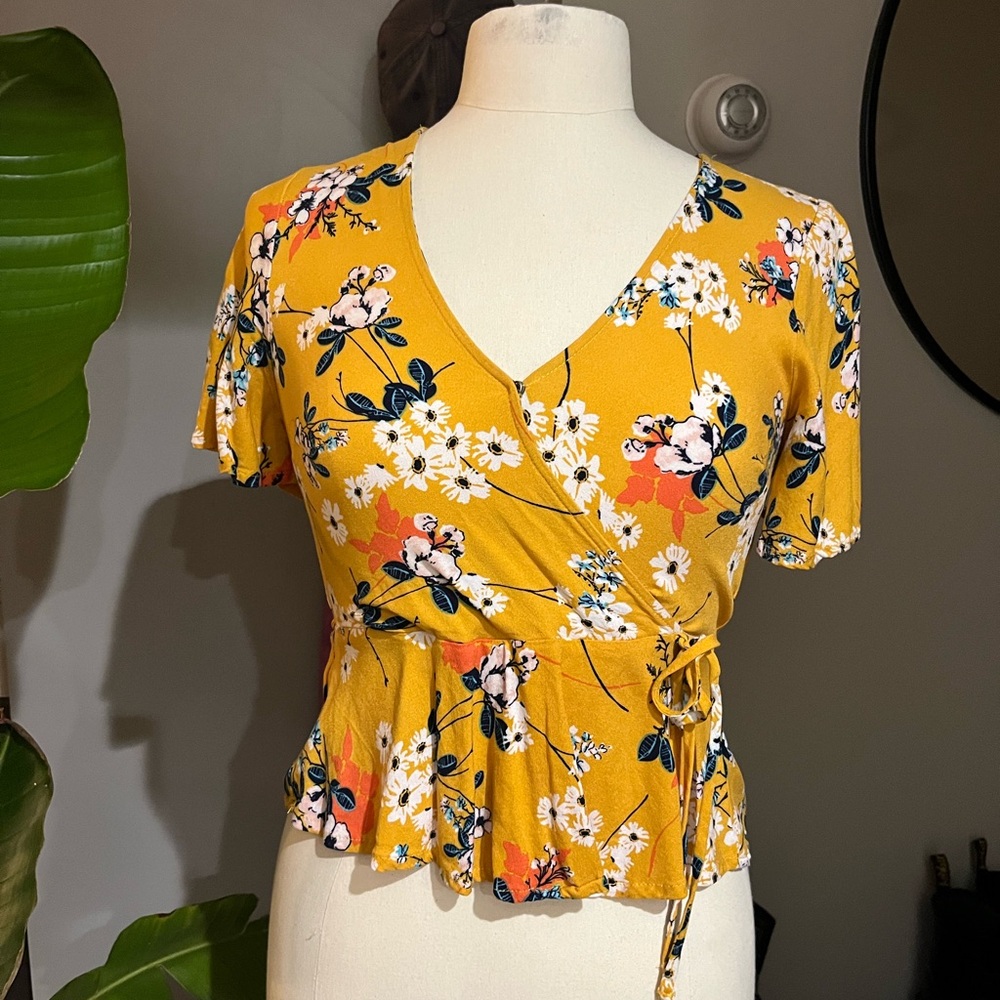 One Clothing Yellow Floral Blouse with Peplum and Tie Front